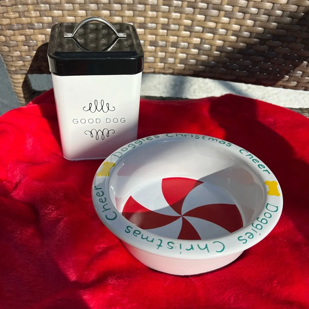 Christmas Cheer Dog Bowl with Peppermint Design & Dog Treat Tin Bundle EUC